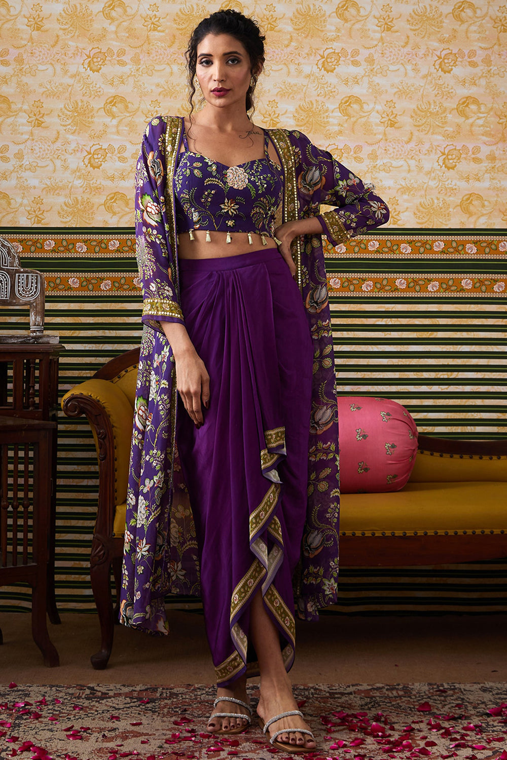 Mehr Printed Drape Skirt Set With Jacket