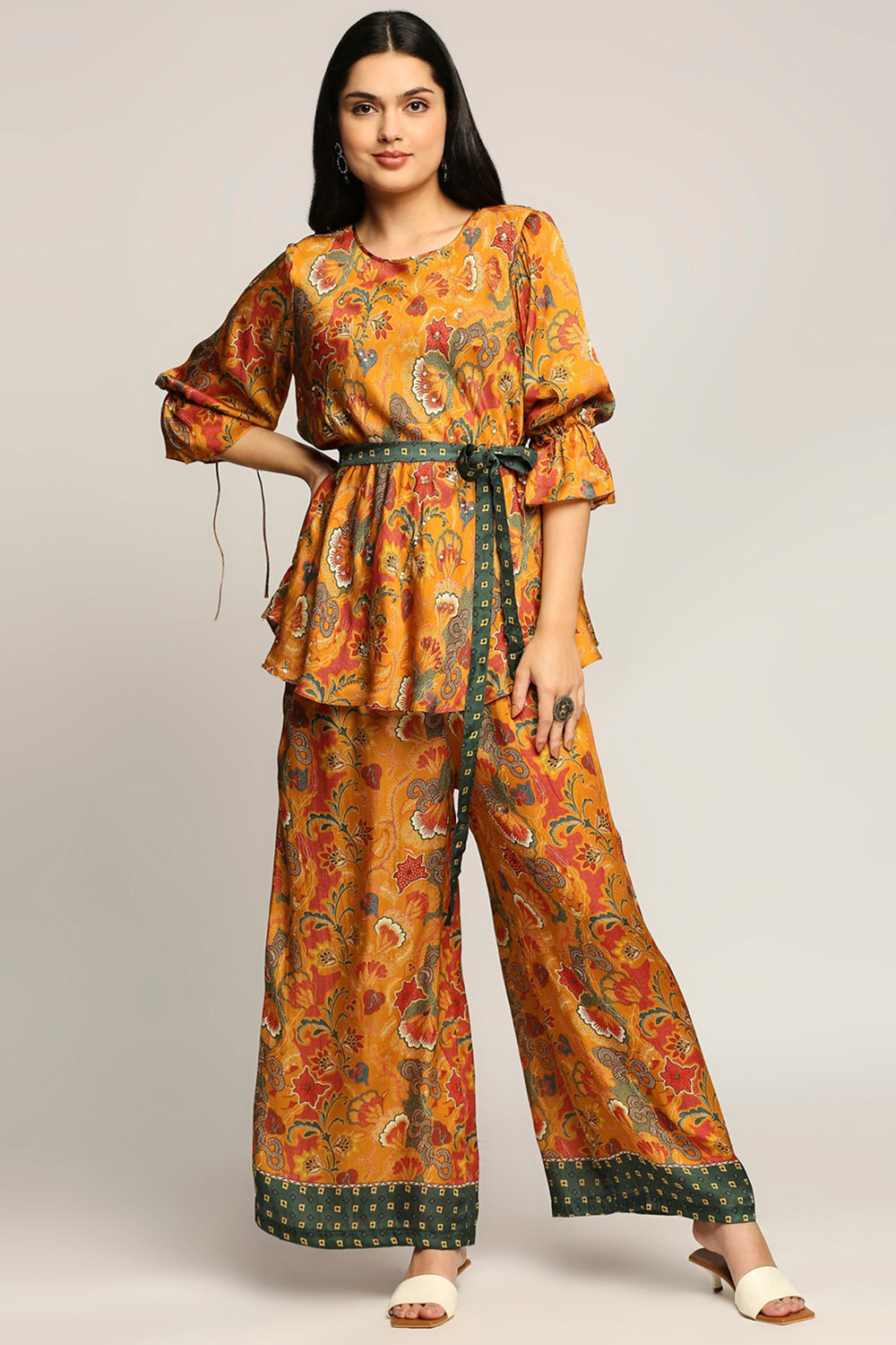 Batik Printed Pant Set With Belt