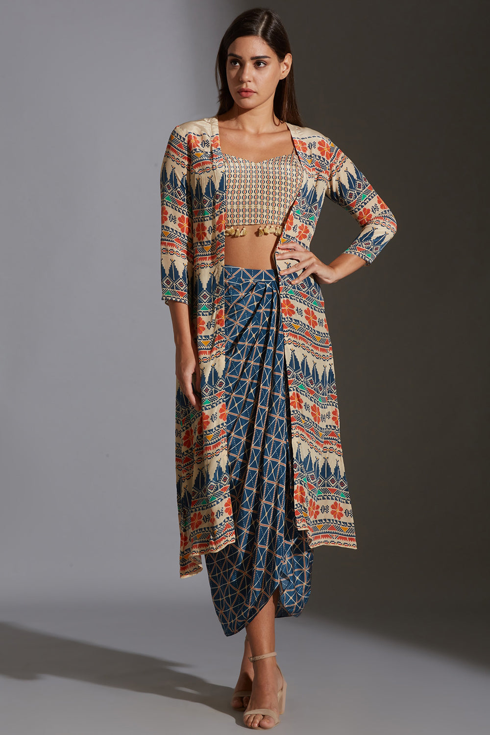 Tiraz Geometrical Printed Jacket With Bustier And Skirt