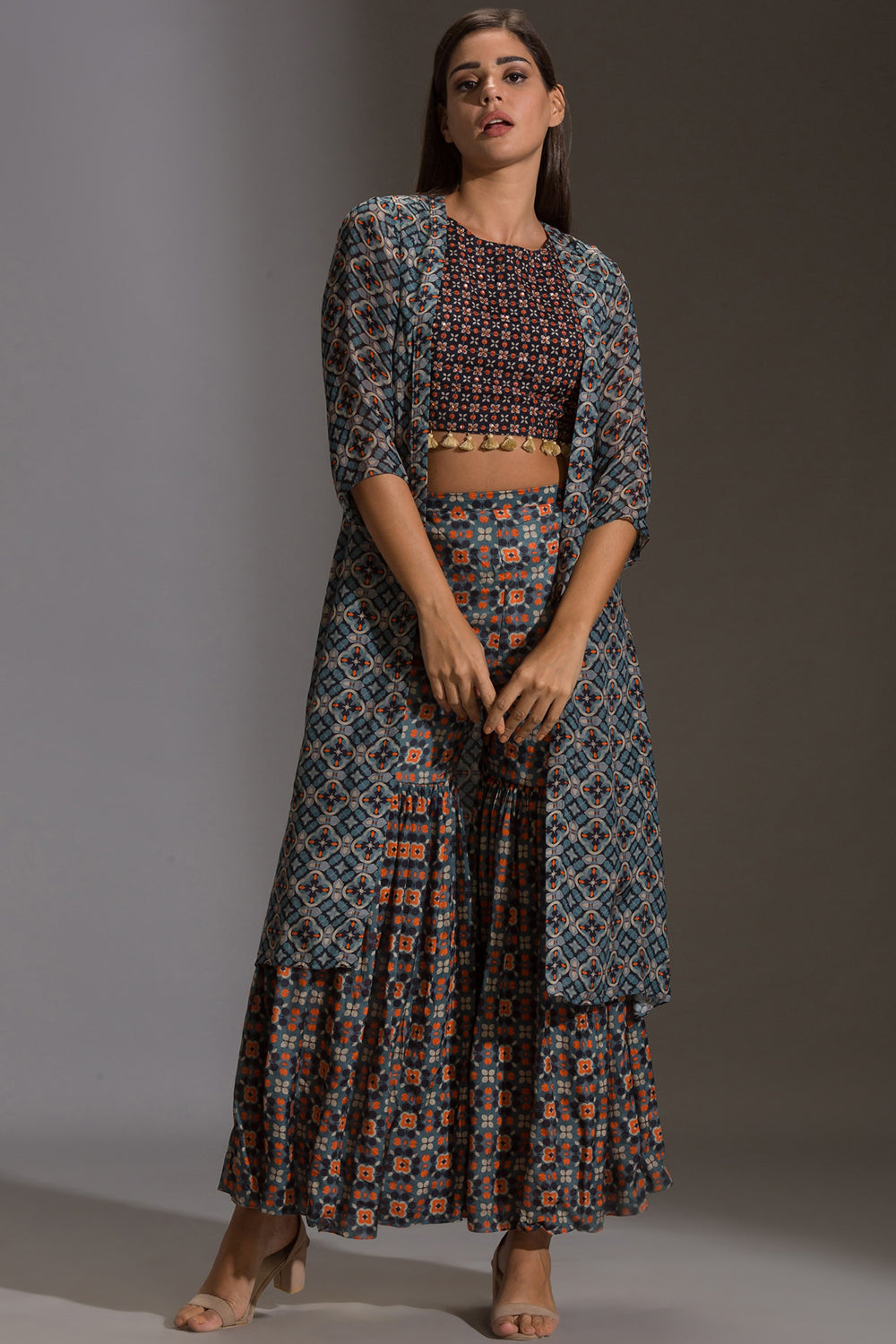 Arabesque Geometrical Printed Sharara With Top And Jacket