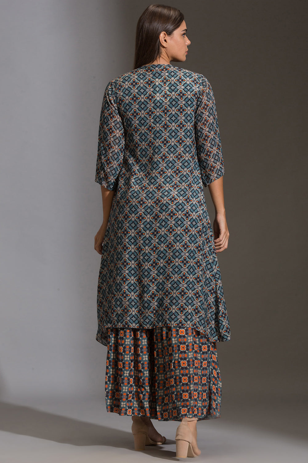 Arabesque Geometrical Printed Sharara With Top And Jacket