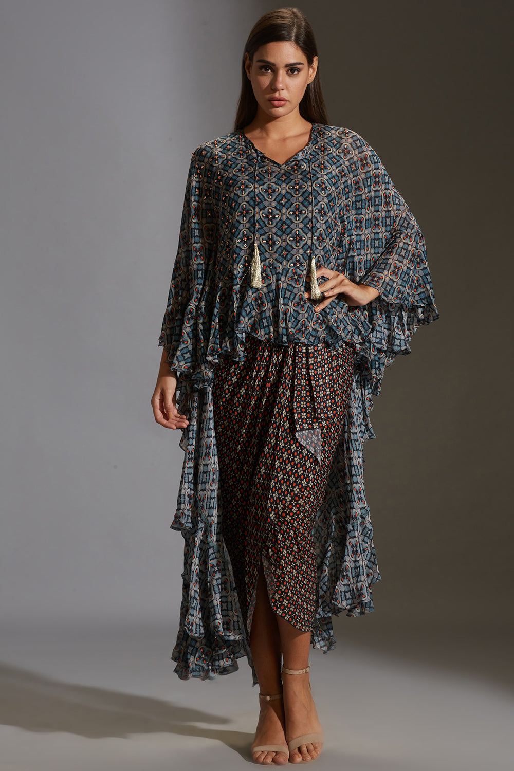 Arabesque Geometrical Drape Dress With Frill Top