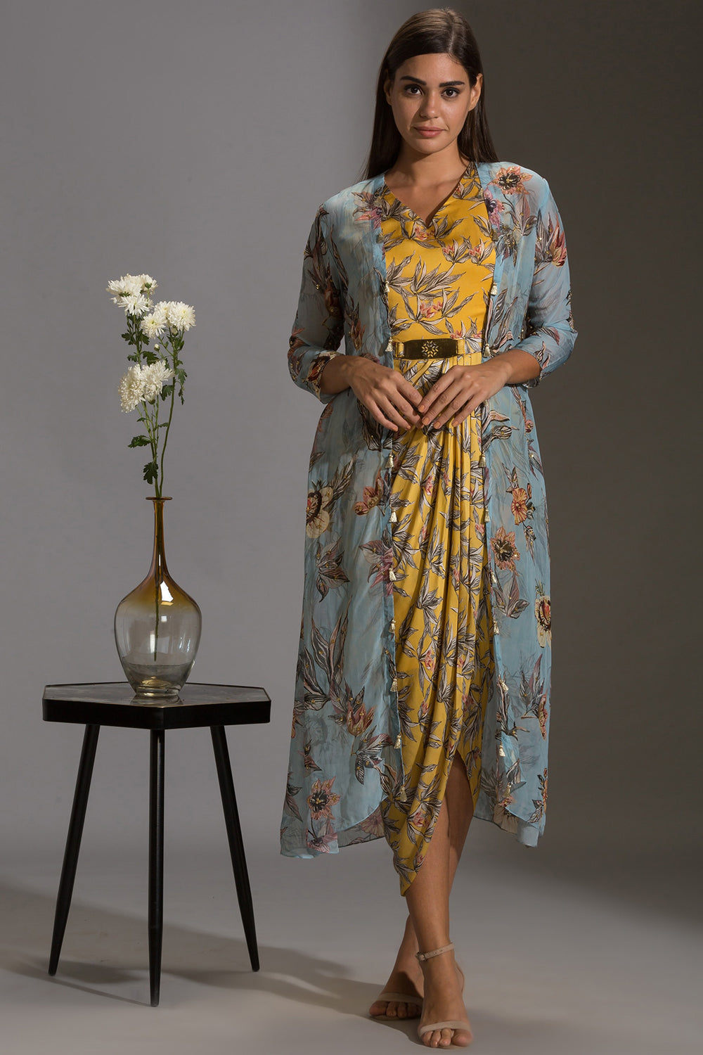 Anthia Floral Printed Drape Dress With Jacket