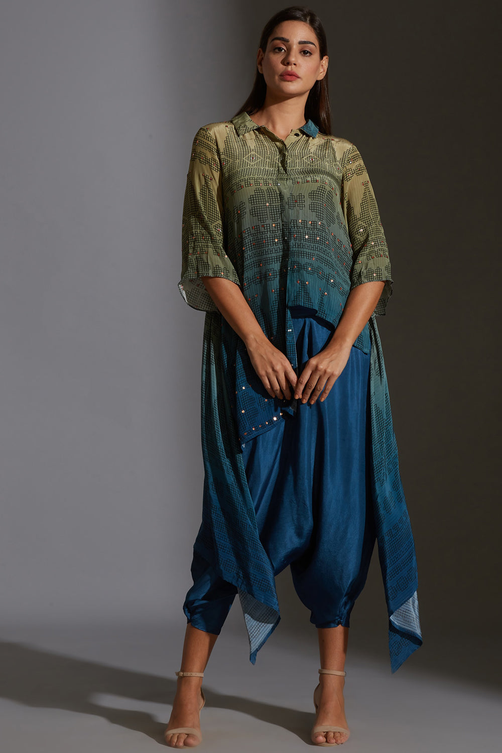 Rangrez Ombre Asymmetrical Top And Dhoti
