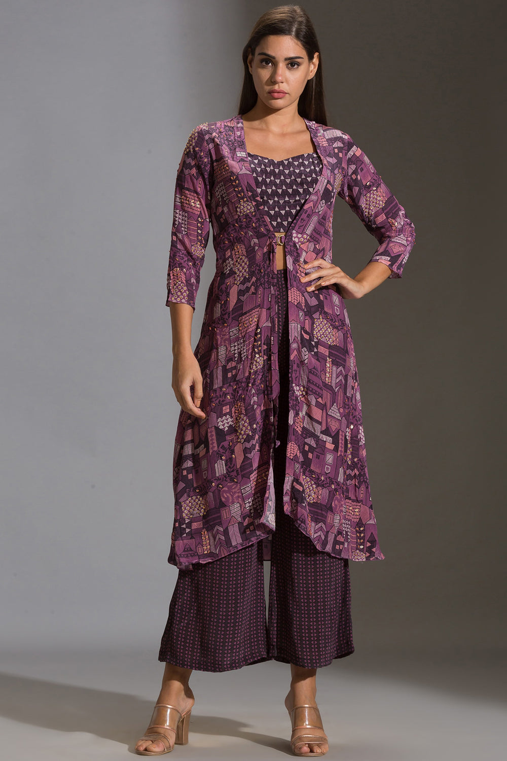 Maskan Printed Jacket With Crop Top And Pants