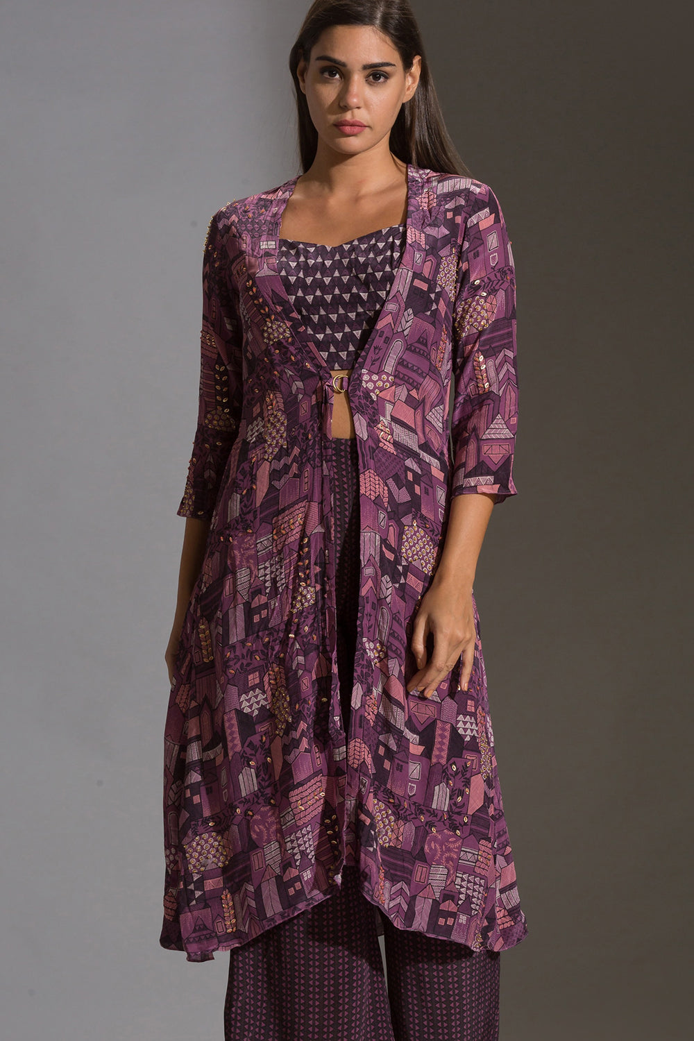 Maskan Printed Jacket With Crop Top And Pants