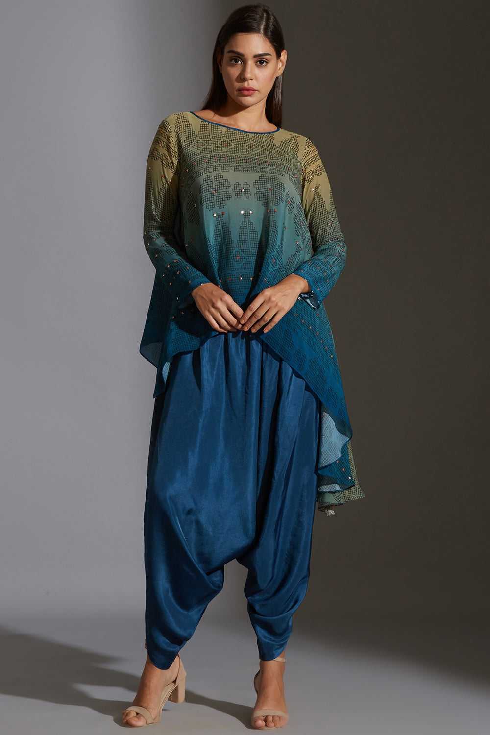 Rangrez Ombre Asymmetrical Top And Dhoti