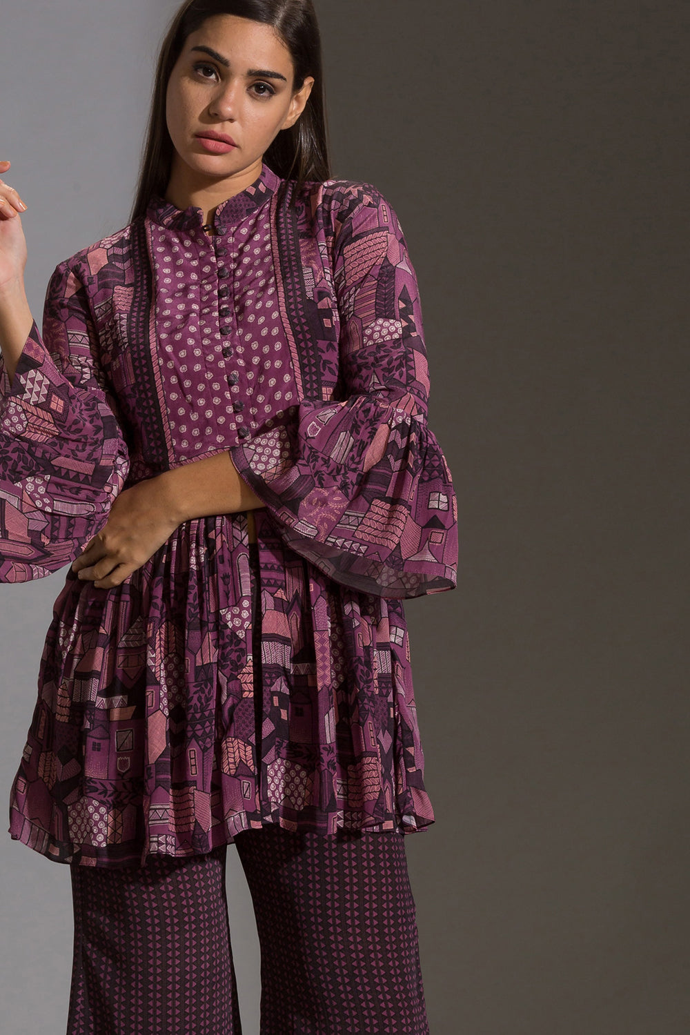Maskan Printed Gathered Top With Flared Pants