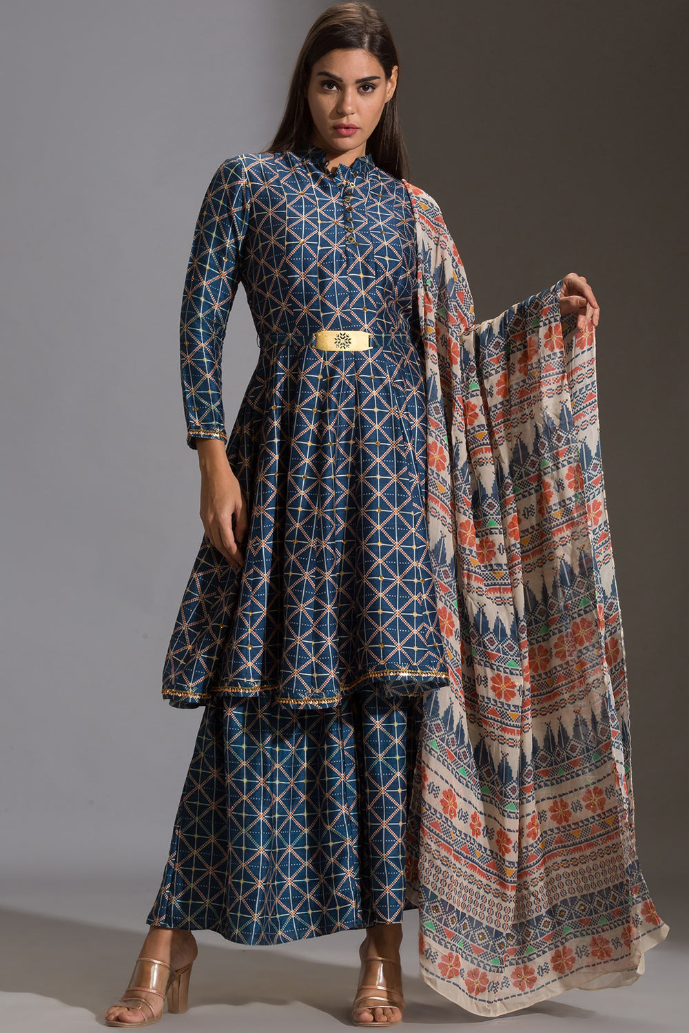 Tiraz Geomtrical Printed Kalidaar Top With Dupatta