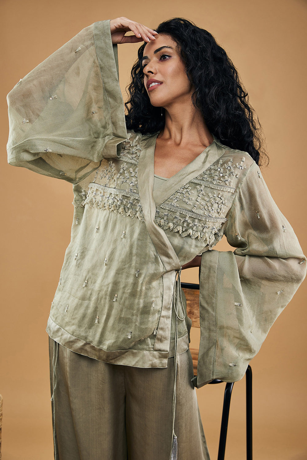 Azra Embellished Overlapped Top With Pants