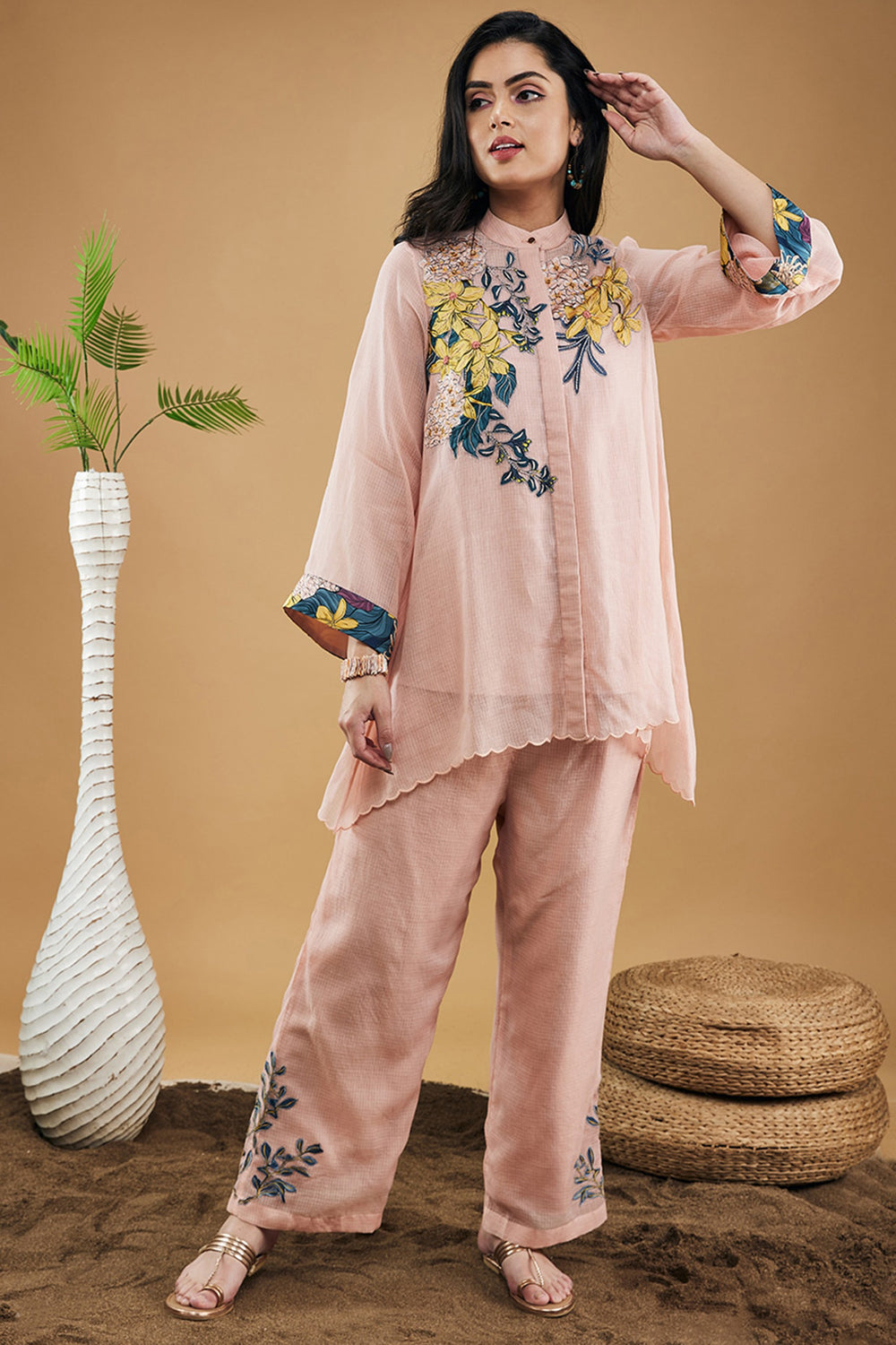 Zinnia Applique High-Low Shirt With Pants