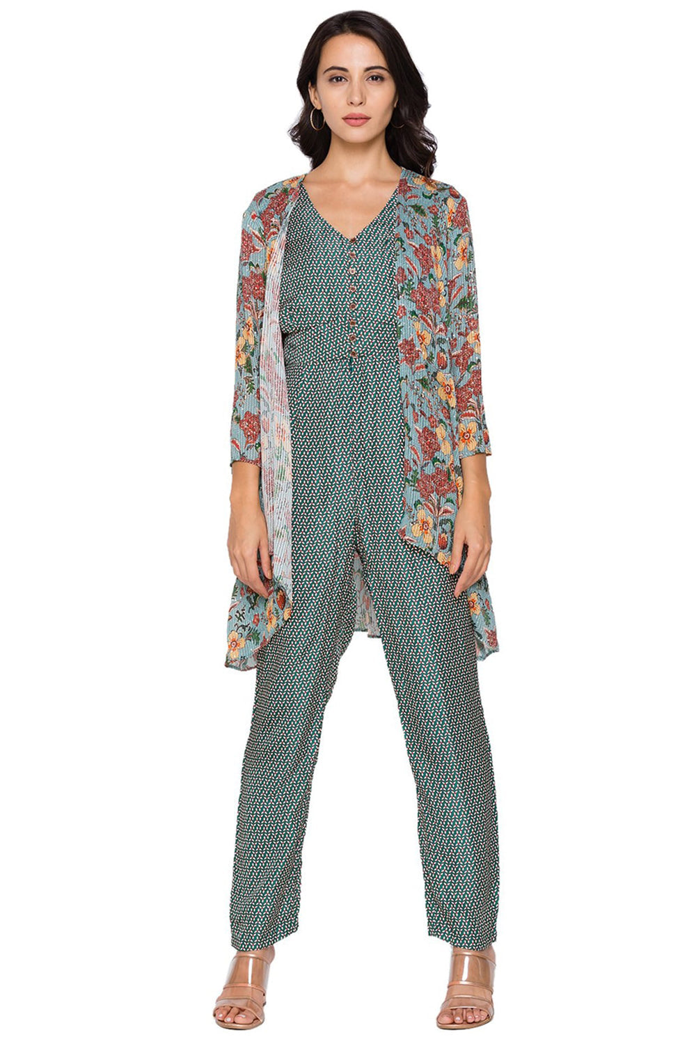 Azalea Printed Sequin Jumpsuit Paired With Asymmetrical Floral Printed Jacket