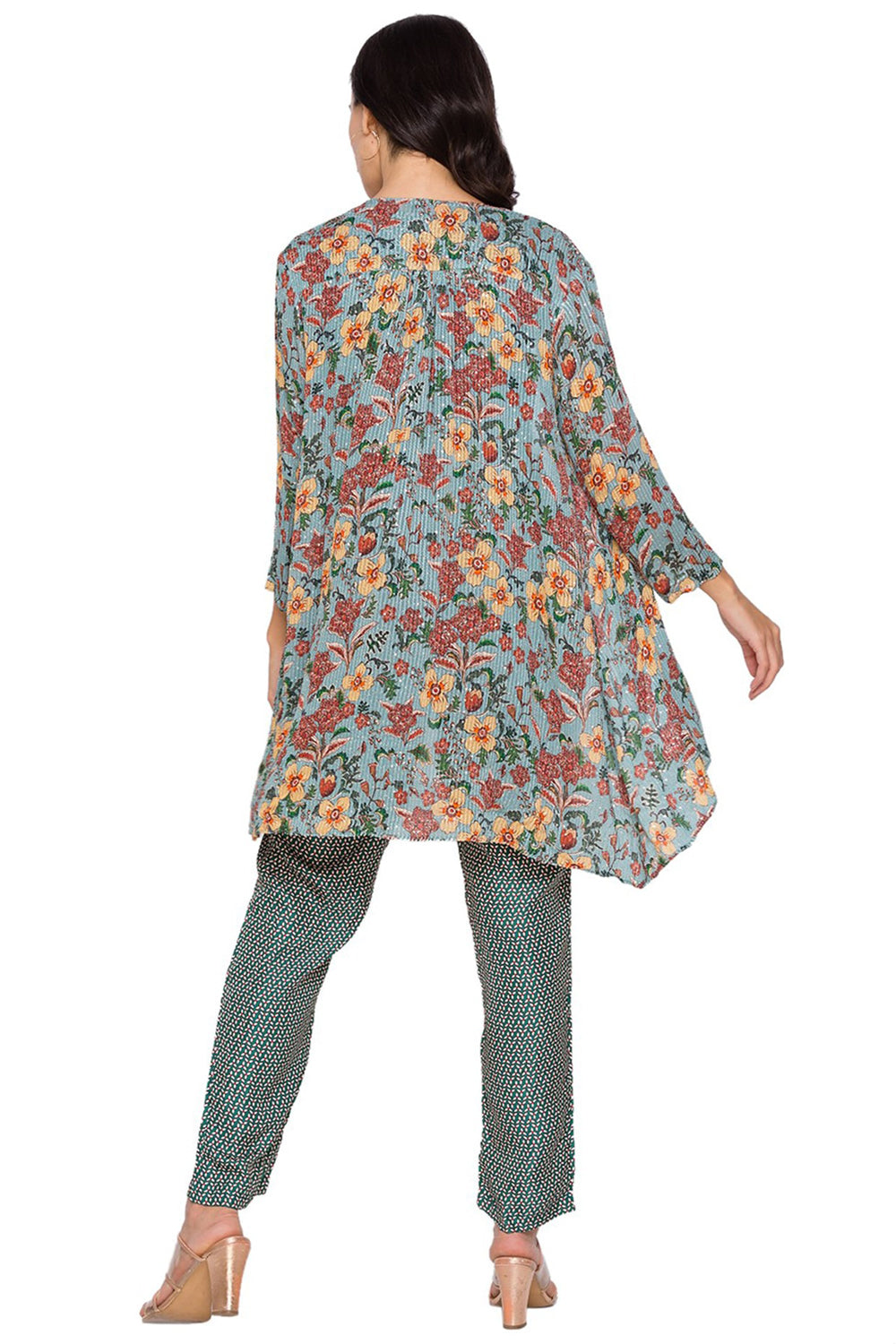 Azalea Printed Sequin Jumpsuit Paired With Asymmetrical Floral Printed Jacket