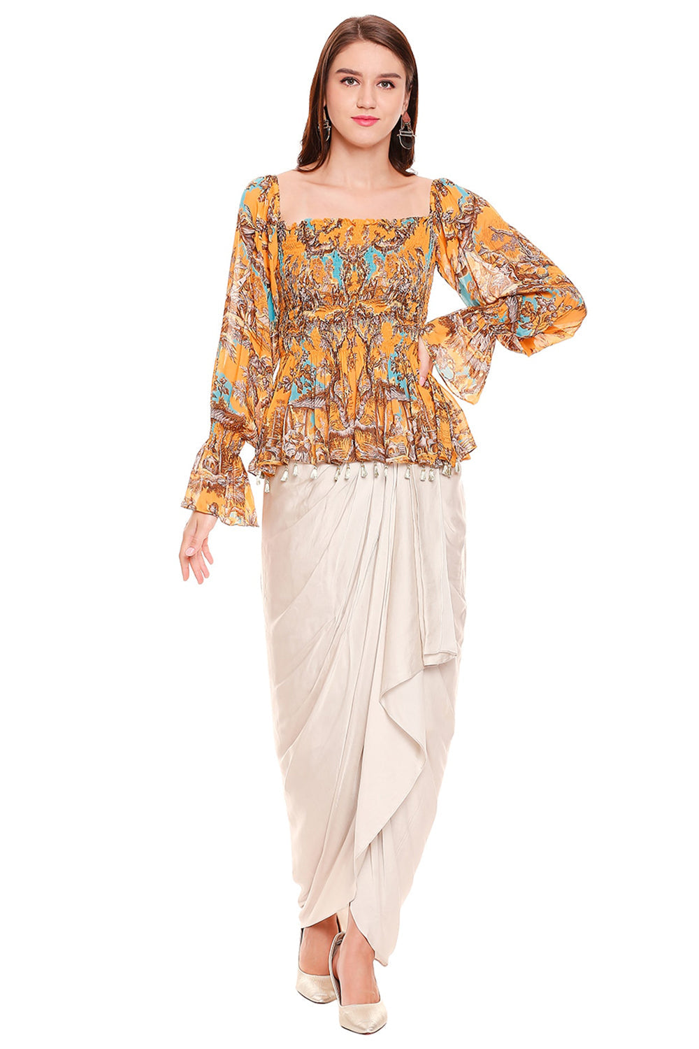 Printed Smocking Square Neck Top With Dhoti