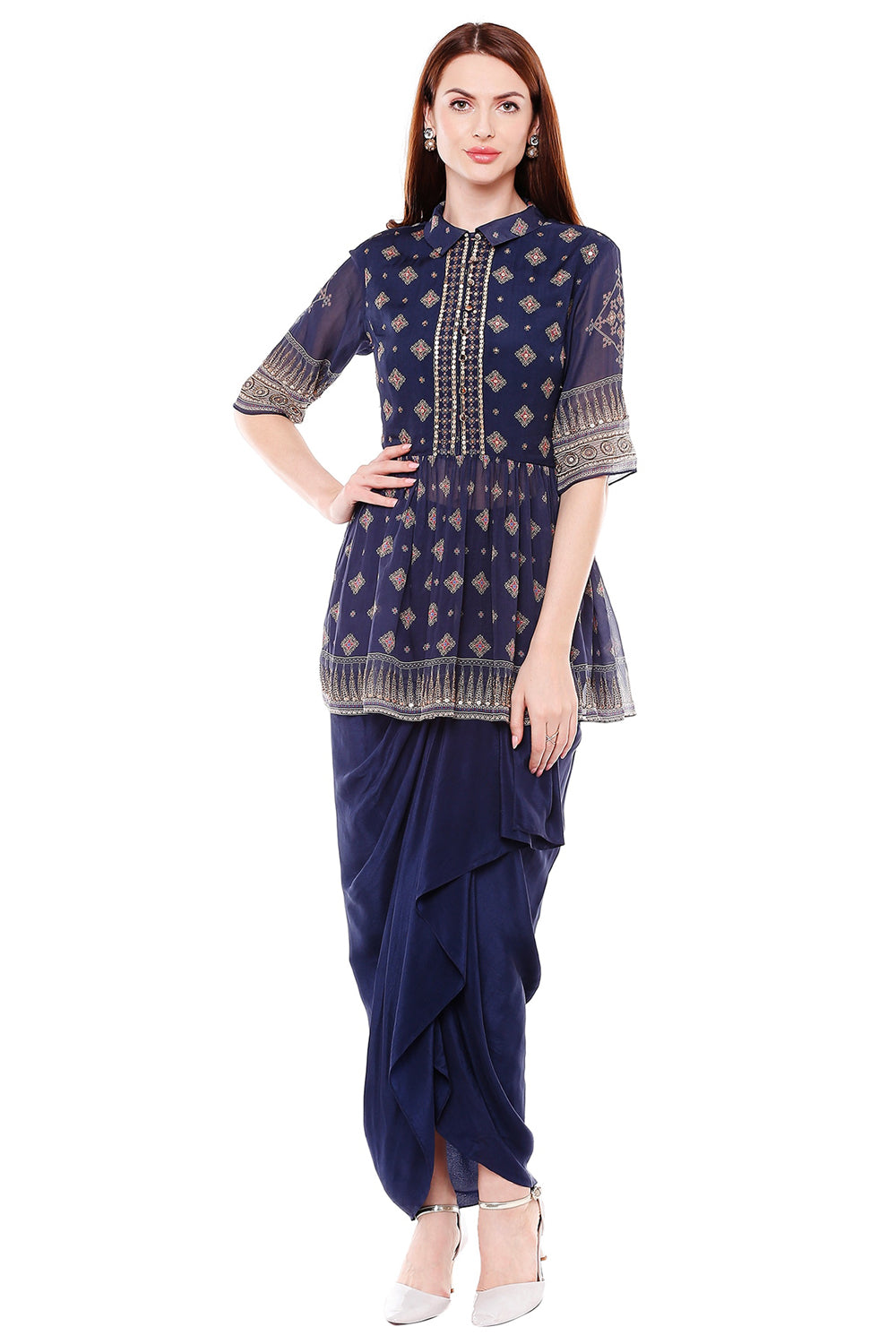 Afreen Printed Top With Drape Skirt