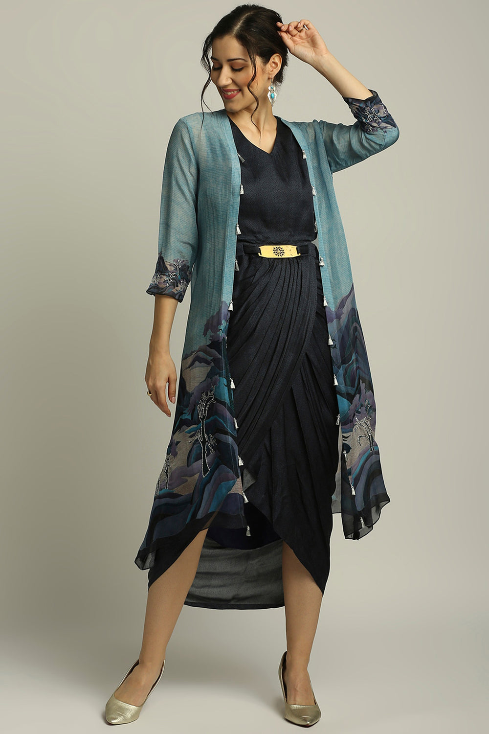 Conversational Printed Drape Dress With Jacket