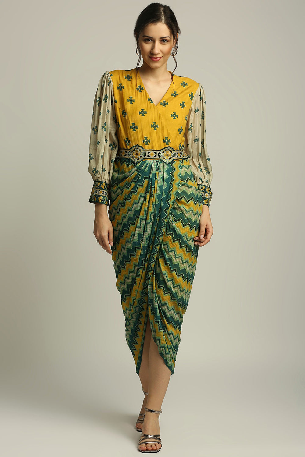 Tiraz Printed Drape Dress With Belt