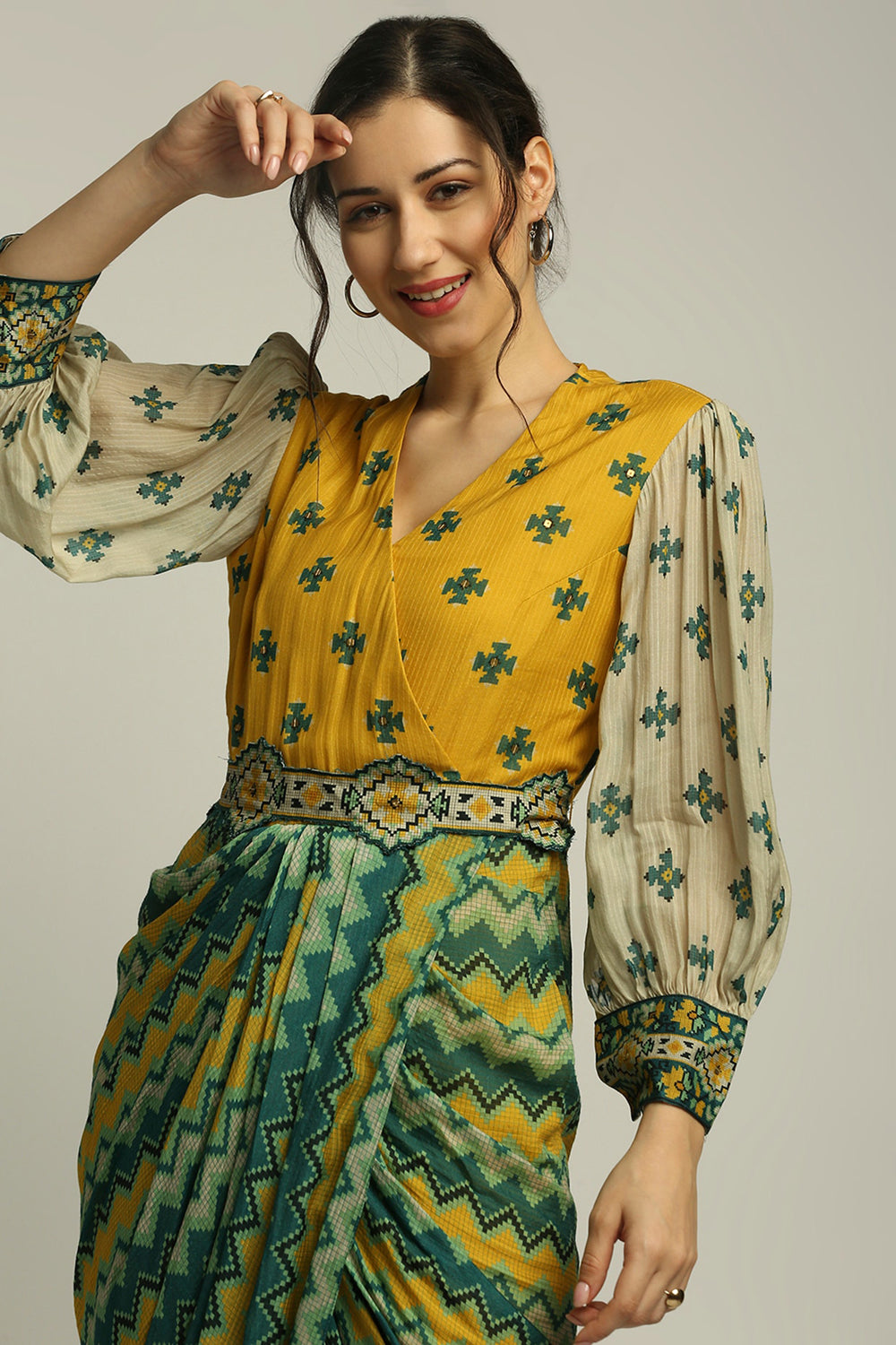Tiraz Printed Drape Dress With Belt