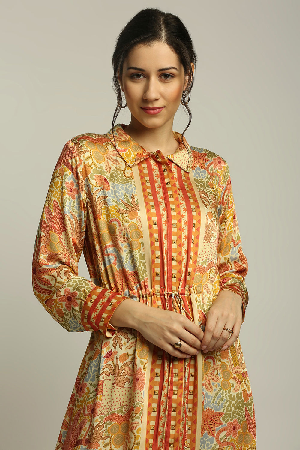Forest Groove Printed Dress With Waist Tie-Up