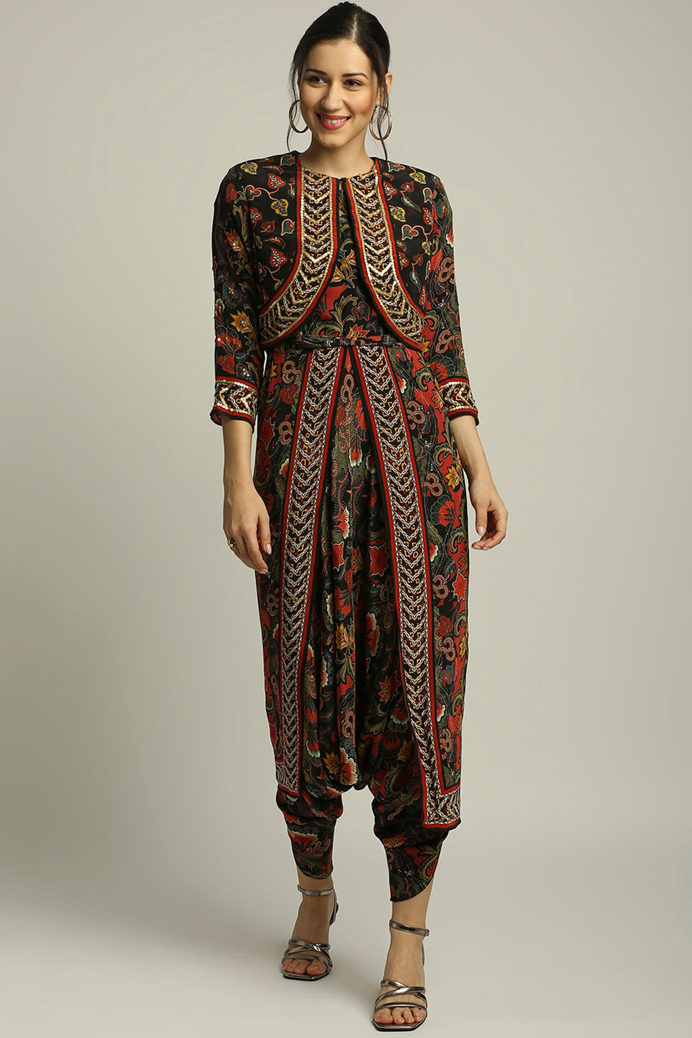 Batik Printed Dhoti Style Jumpsuit With Jacket