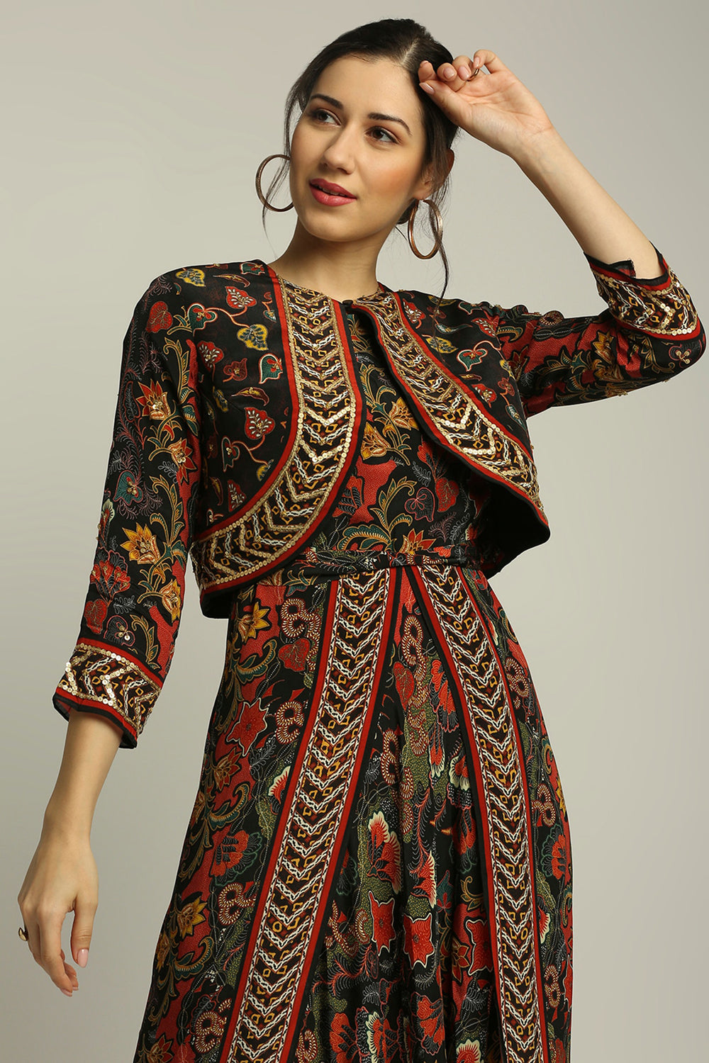 Batik Printed Dhoti Style Jumpsuit With Jacket