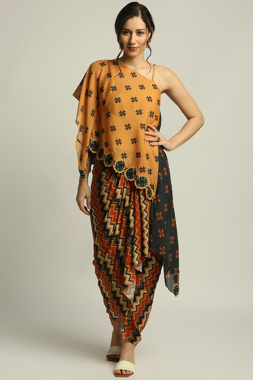 Tiraz Printed One Shoulder Top With Drape Skirt