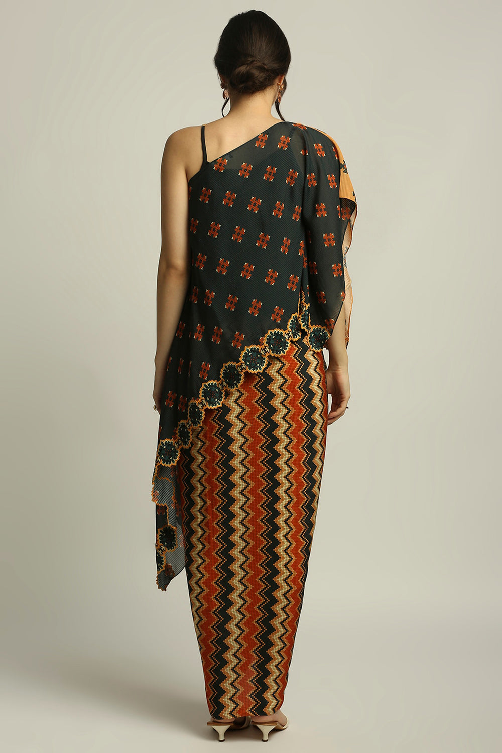 Tiraz Printed One Shoulder Top With Drape Skirt