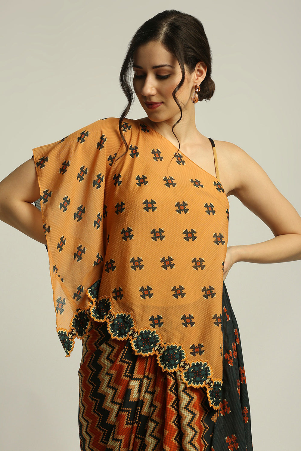 Tiraz Printed One Shoulder Top With Drape Skirt
