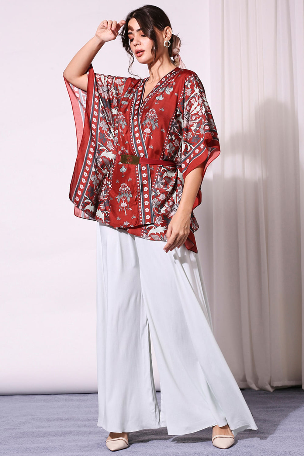 Maroon Floral Printed Kaftaan And Flared Pants