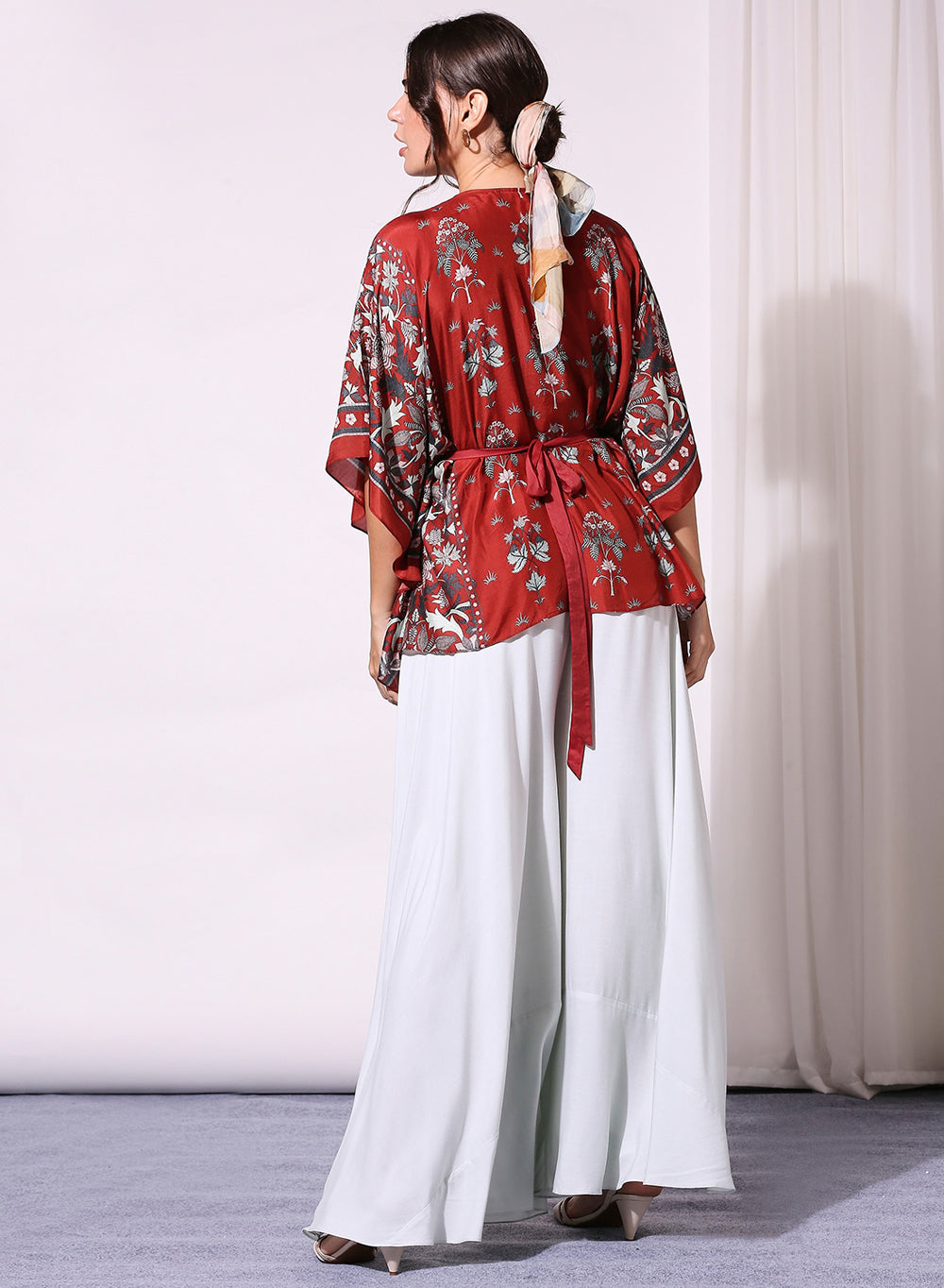 Maroon Floral Printed Kaftaan And Flared Pants