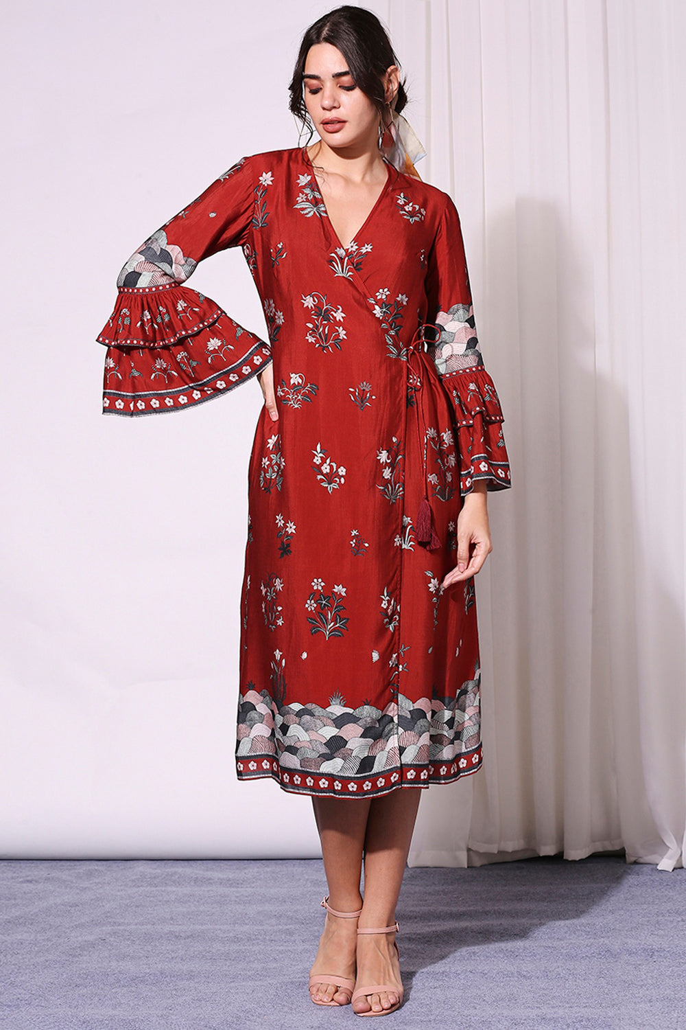 Overlap Red Printed Dress With Bell Sleeves