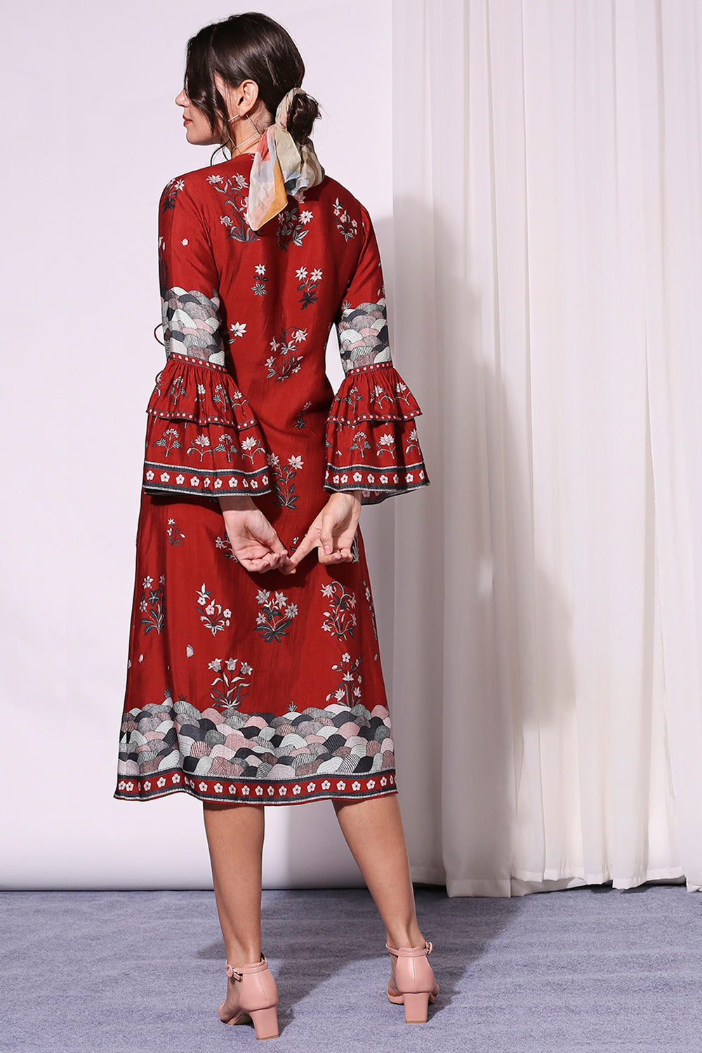 Overlap Red Printed Dress With Bell Sleeves