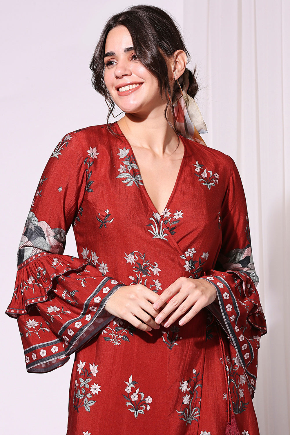 Overlap Red Printed Dress With Bell Sleeves