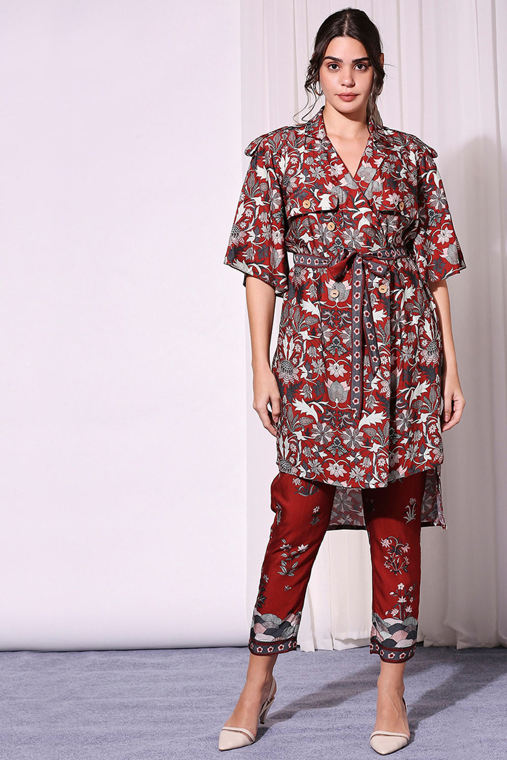 Night Floral Merlot Red Printed Jacket And Pants