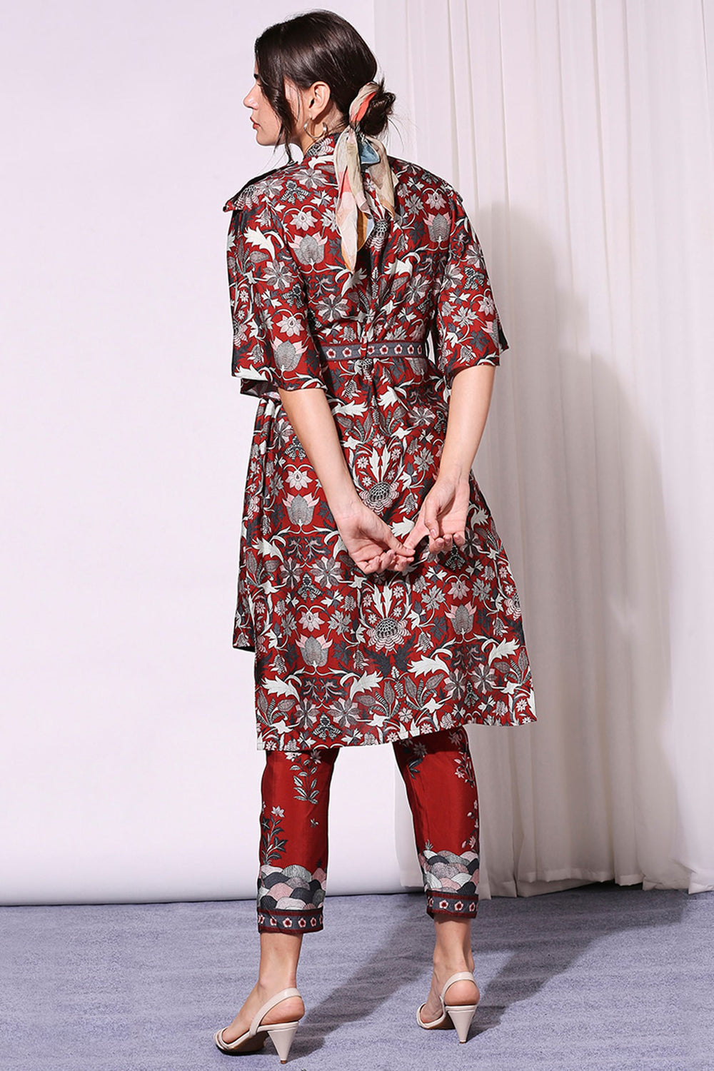 Night Floral Merlot Red Printed Jacket And Pants