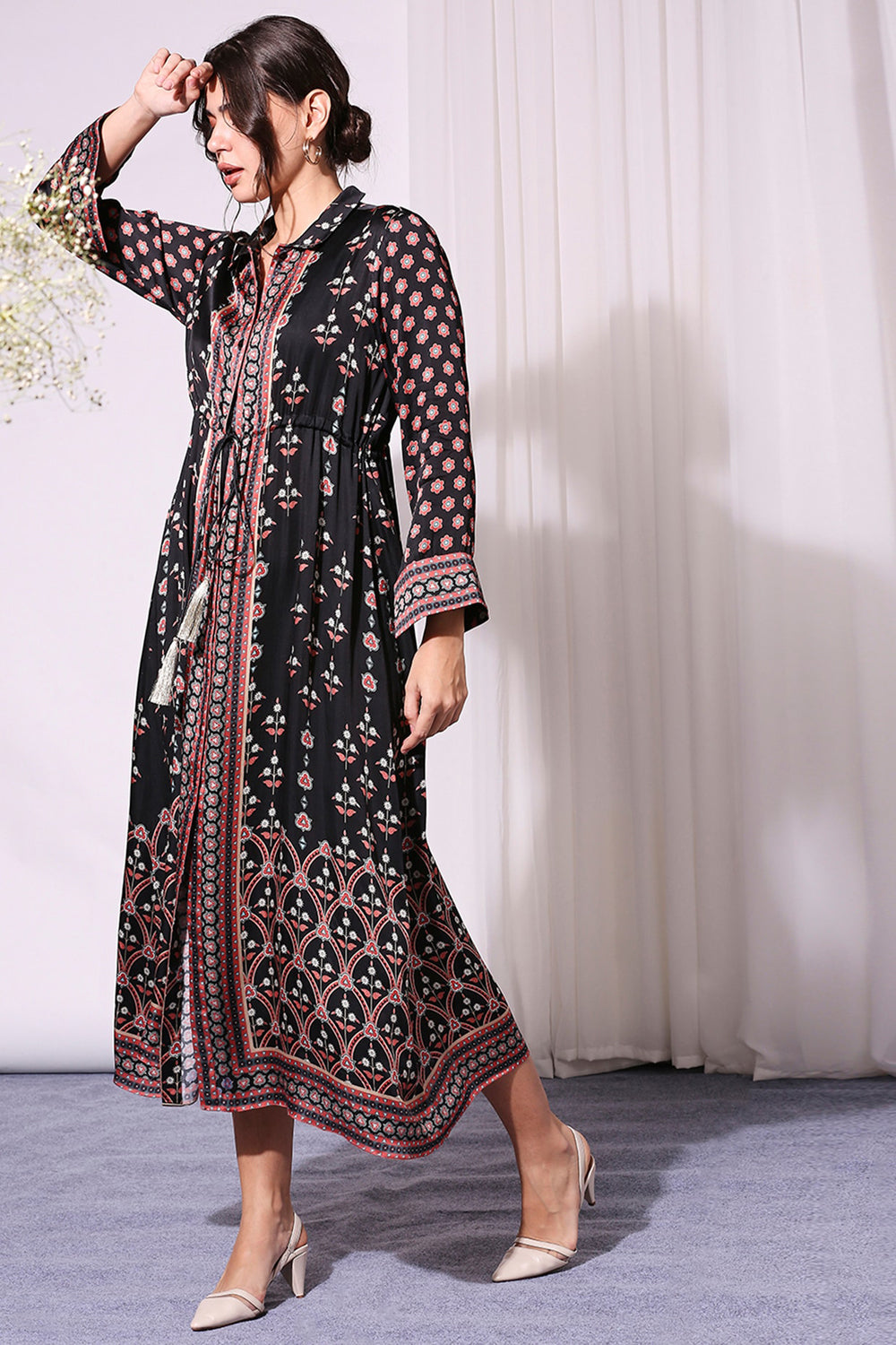 Black Ethnic Printed Dress With Waist Tie Up