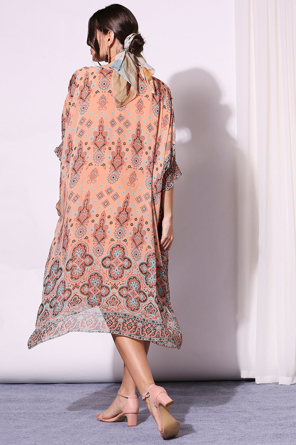 Printed Kaftaan Dress With Rushed Sleeves