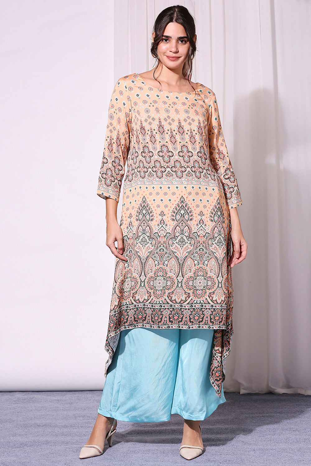 Ethnic Pastel Printed Asyemmetrical Top Paired With Pants