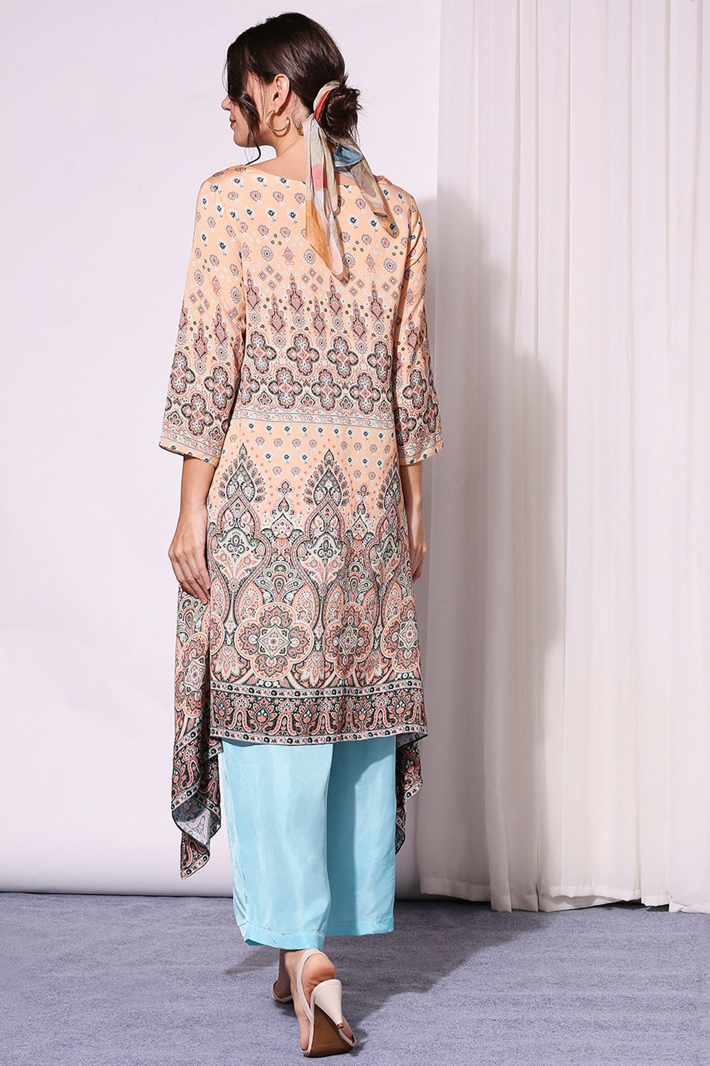 Ethnic Pastel Printed Asyemmetrical Top Paired With Pants