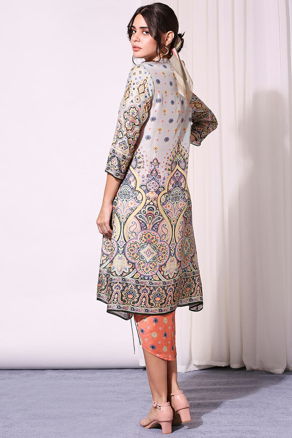 Ethnic Pastel Printed Dress And Jacket