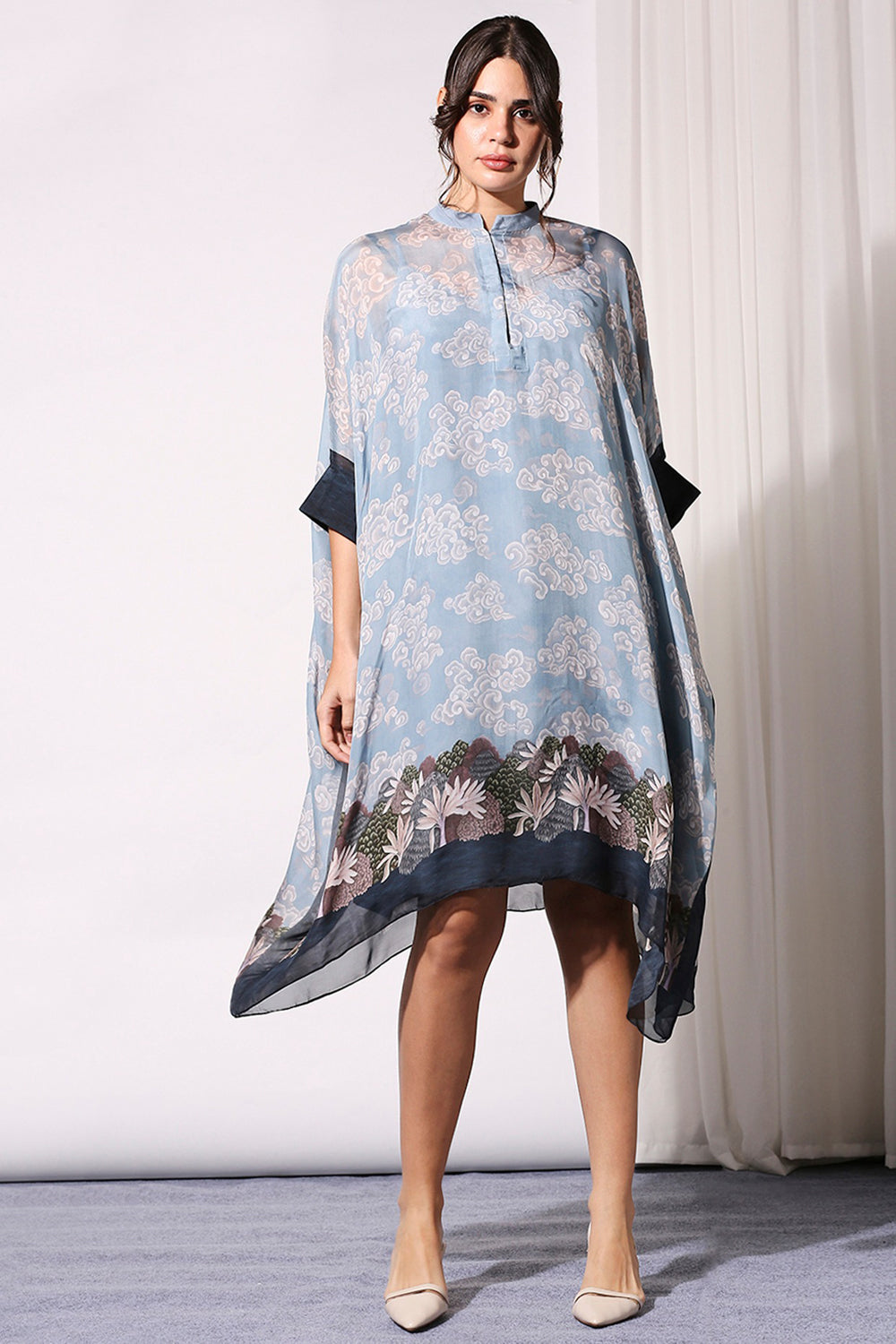 Cloud Printed Kaftaan Top With Cuff Detail