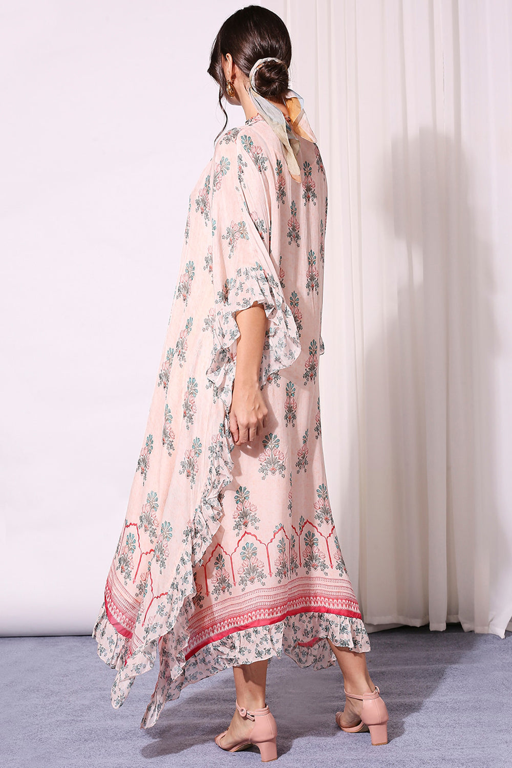 Floral Printed Kaftan With Ruffles And Neck Tie-Up