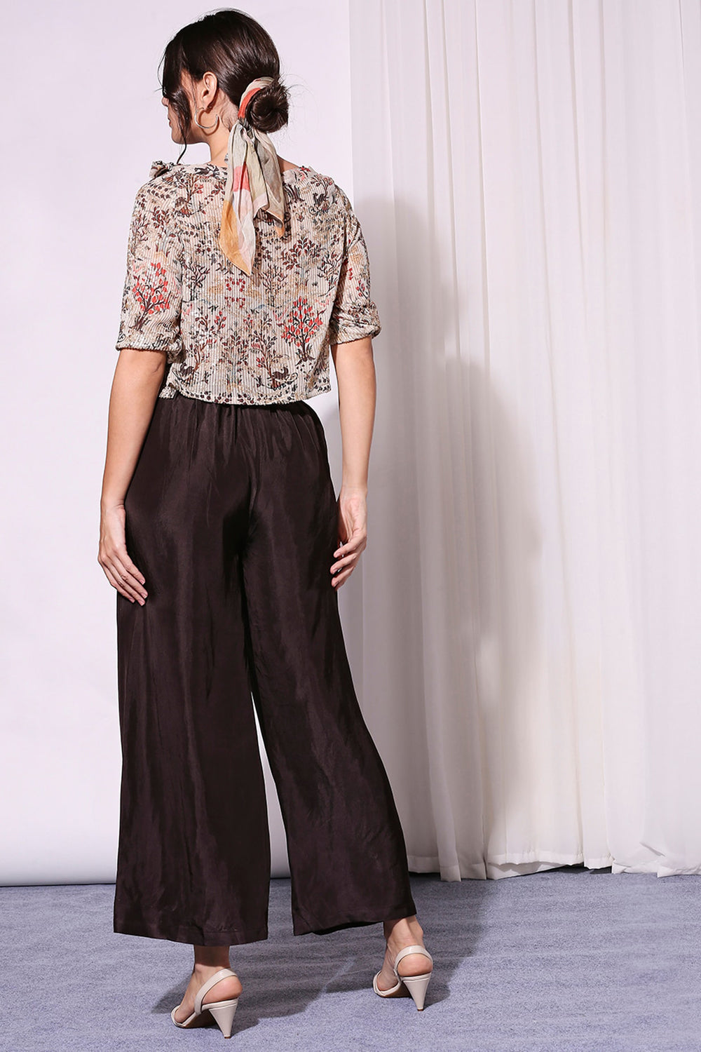 Printed Sequin Off-Shoulder Top Paired With Pants