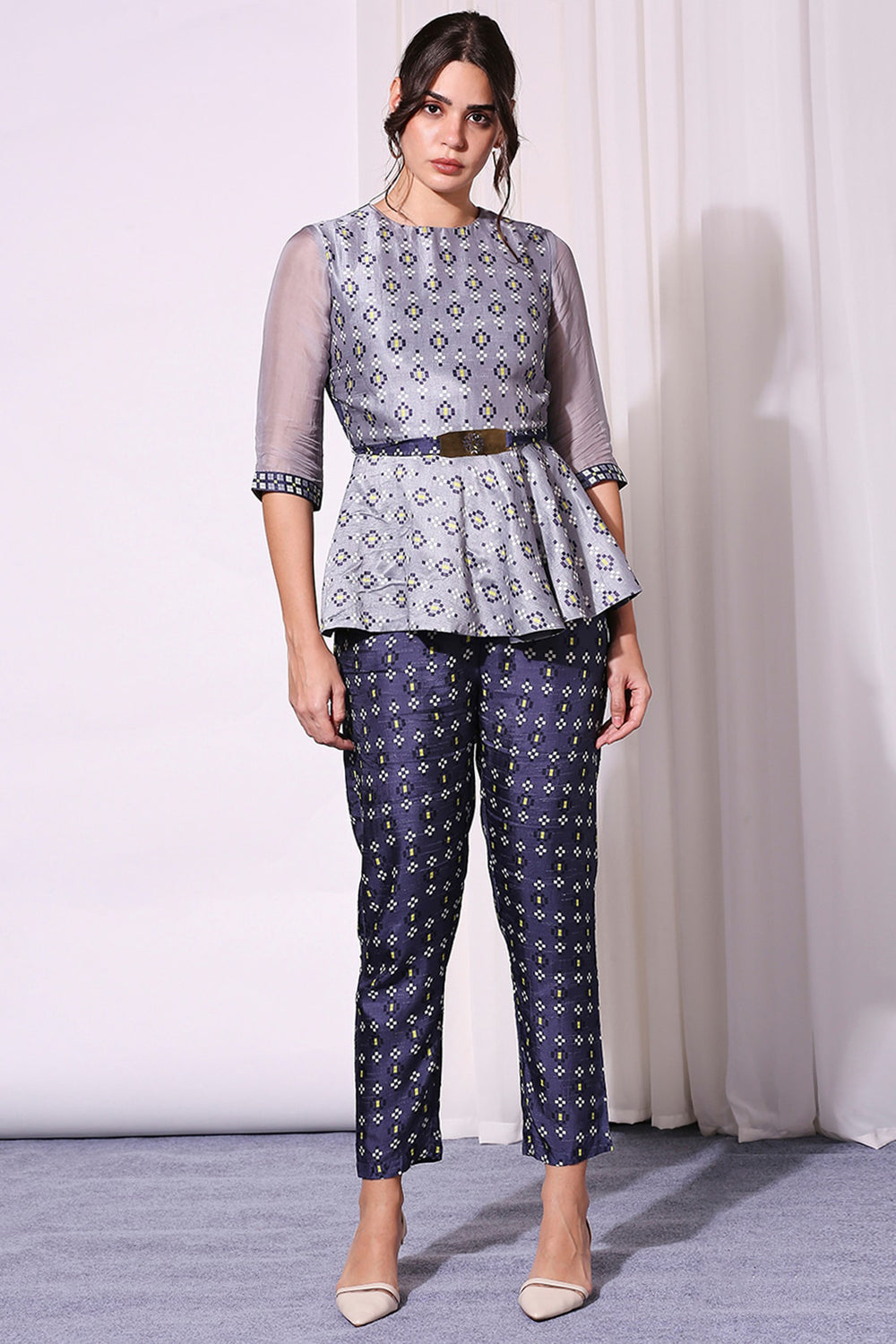 Geometrical Printed Peplum Co-Ord Set With Metal Belt