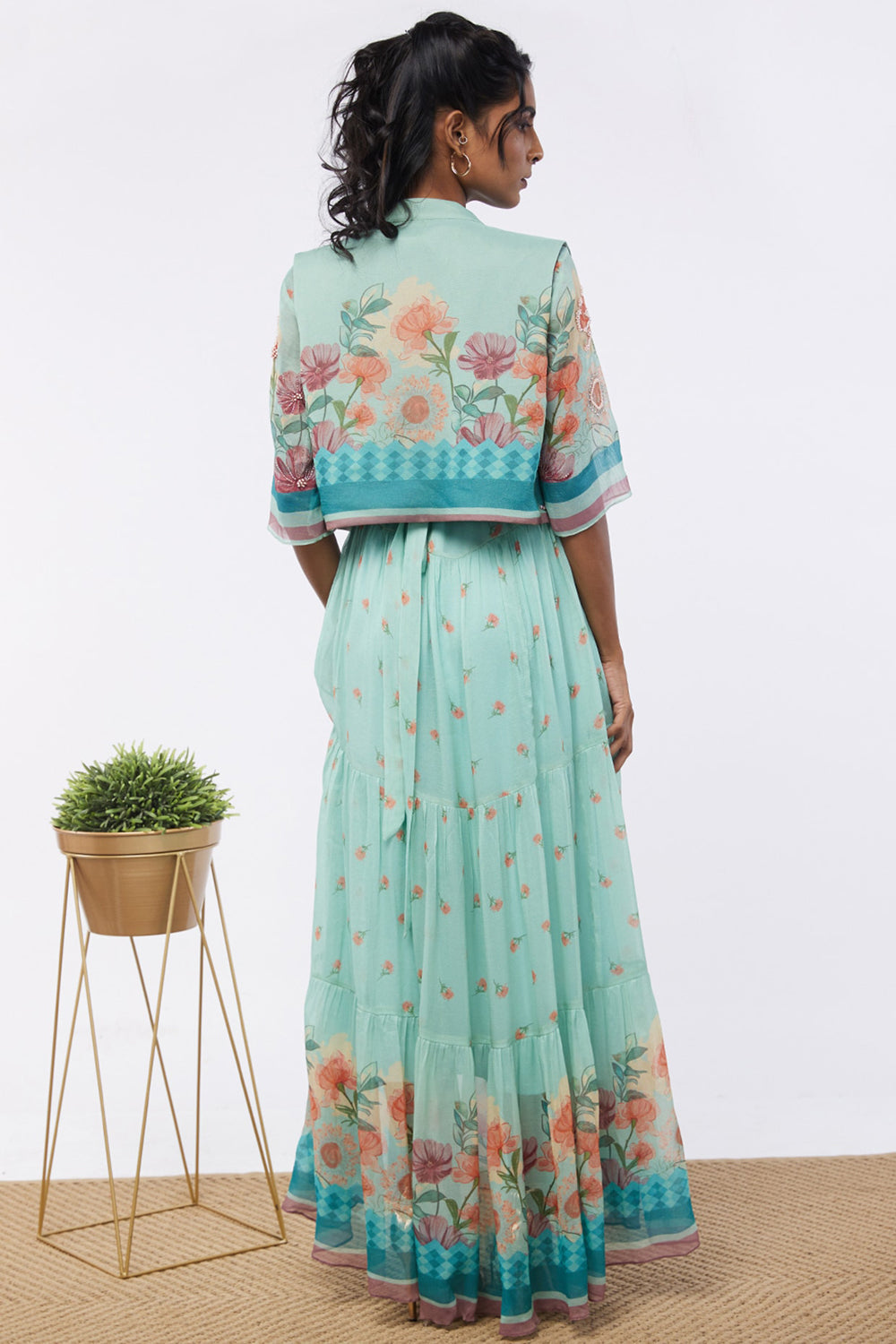 Blooming Bud Printed Tiered Dress With Jacket