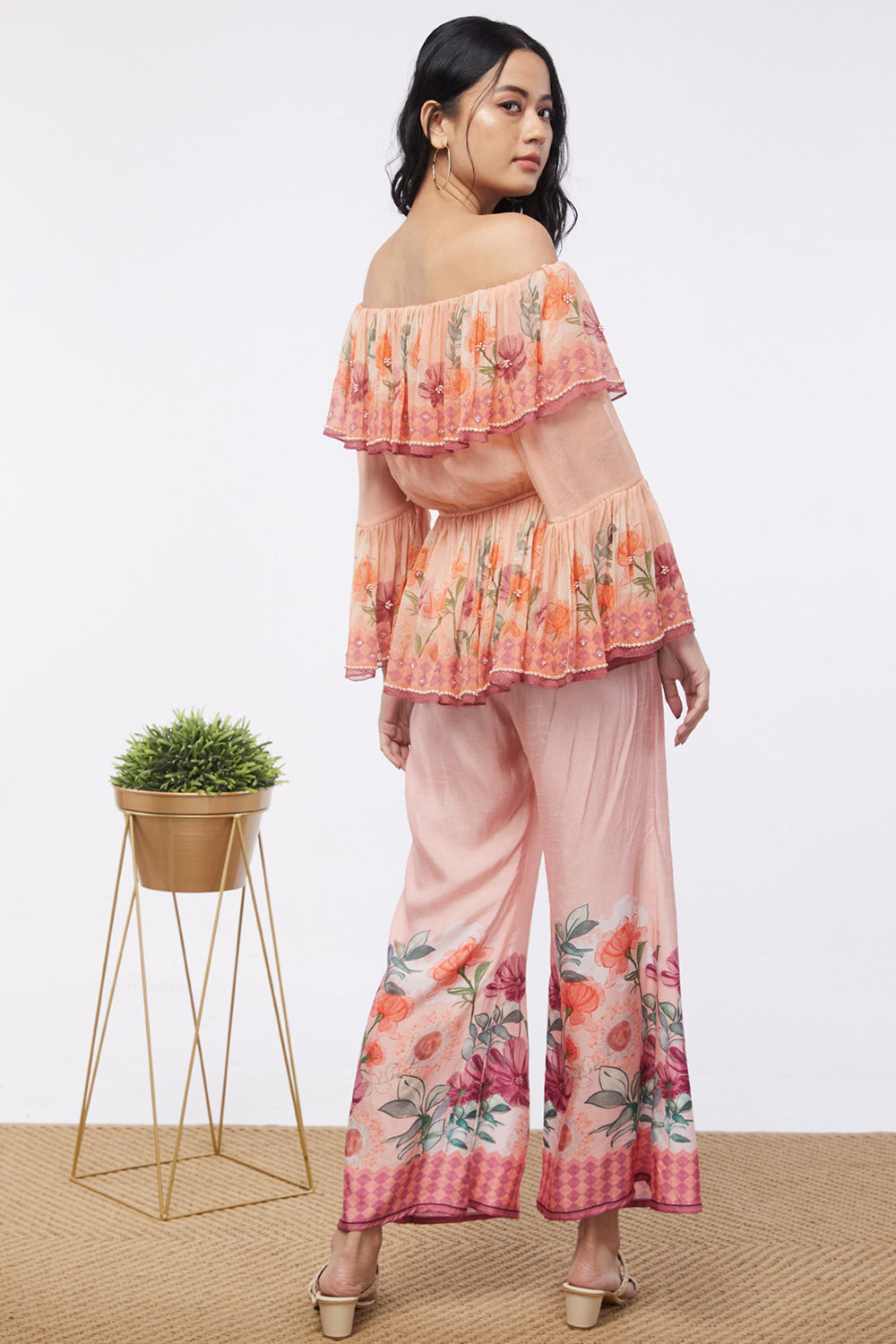 Blooming Bud Printed Off-Shoulder Embroidered Top With Flared Pants