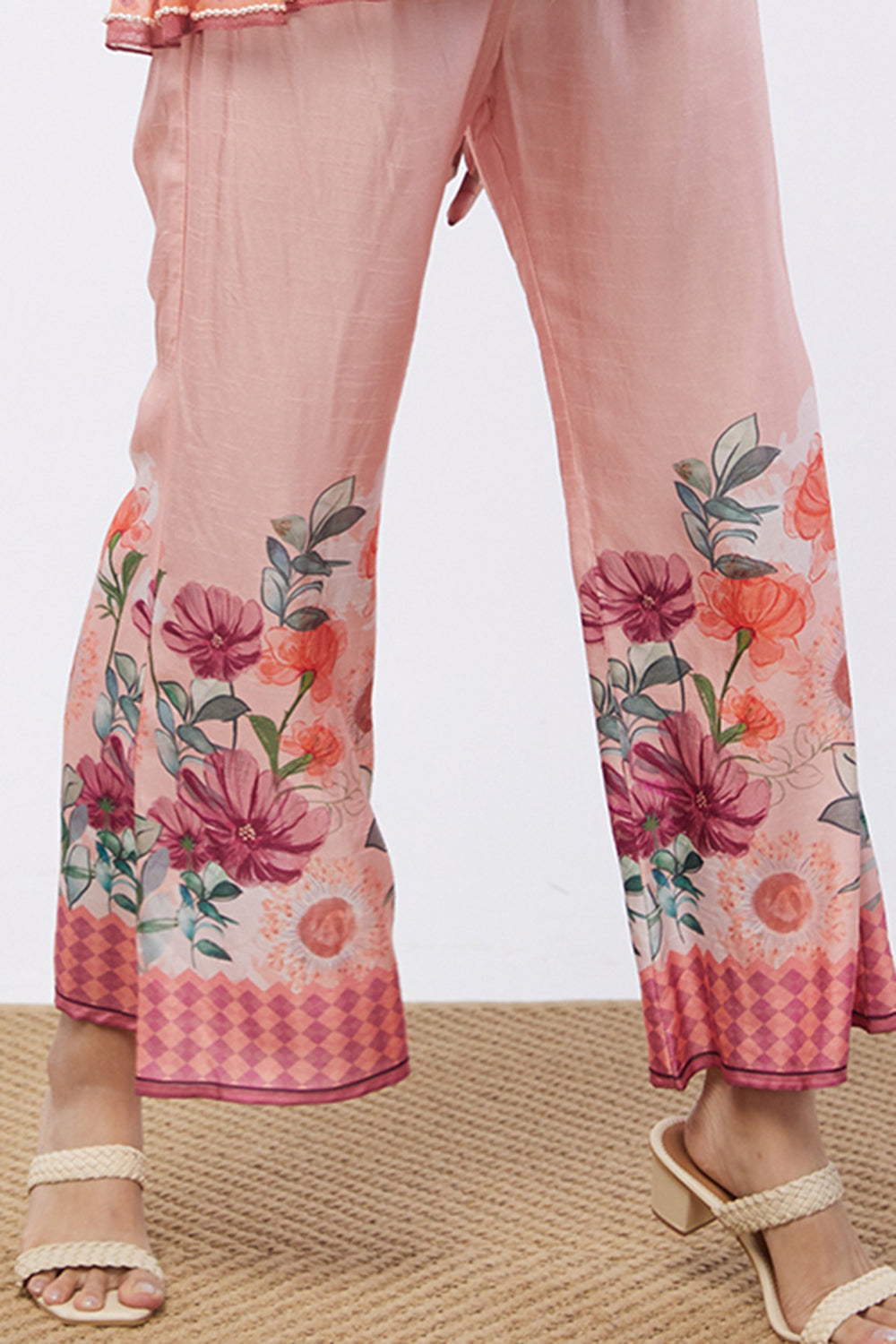 Blooming Bud Printed Off-Shoulder Embroidered Top With Flared Pants