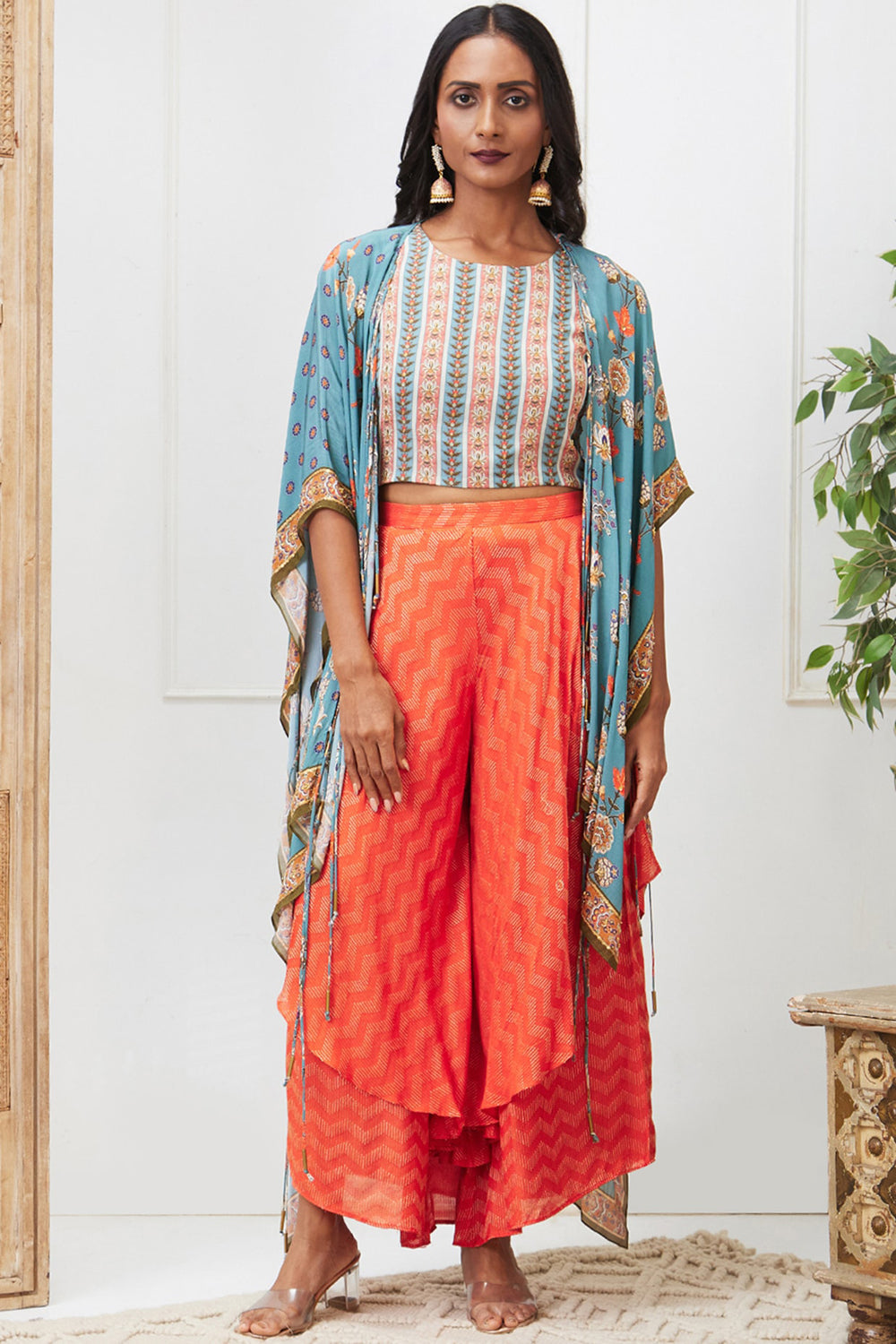 Tabriz Embroidered Drape Pant Set With Jacket