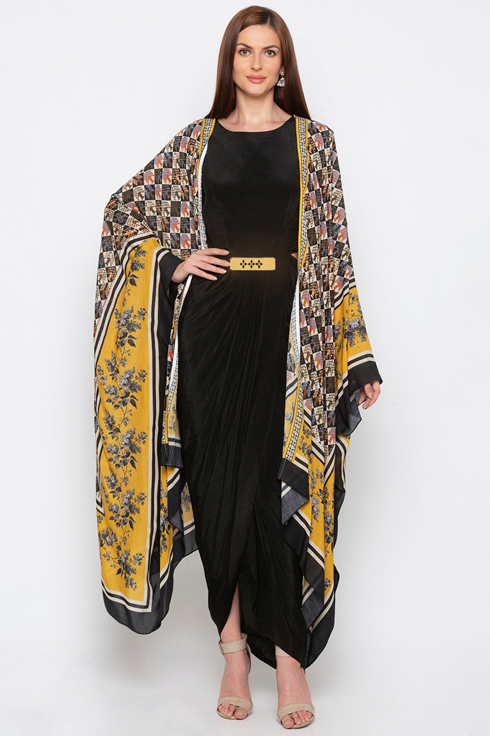 Applique Dress With Printed Cape