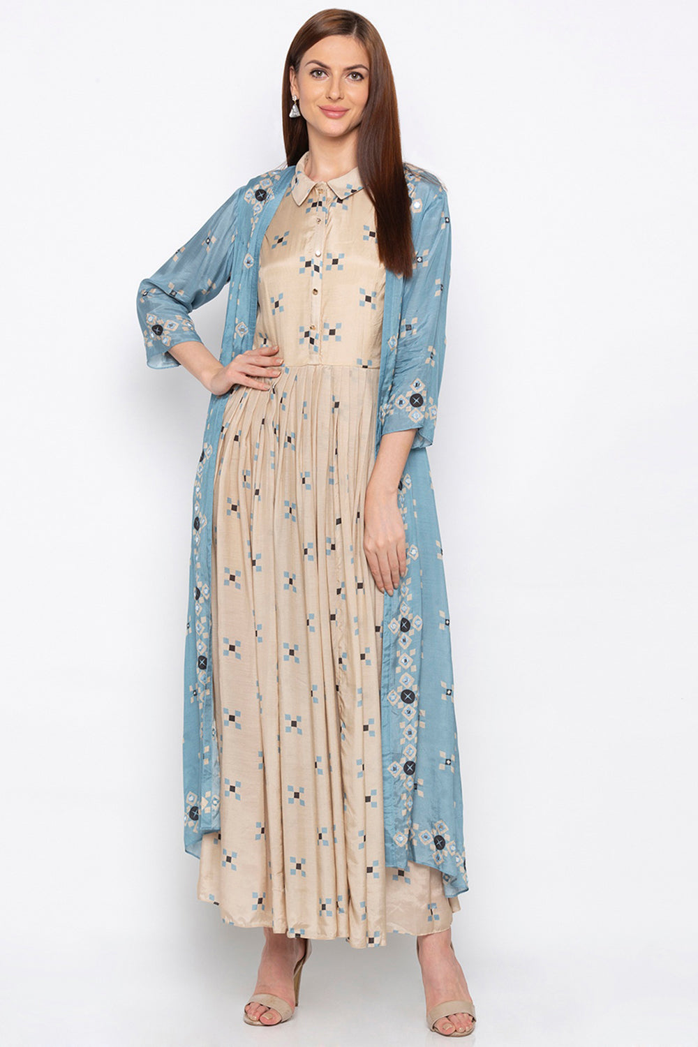 Printed Long Jacket With Pleated Dress.